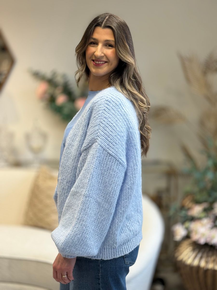 MAYBE STRIKKET CARDIGAN - LYSBLÅ