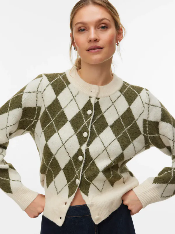 HALO CARDIGAN ARGYLE - OLIVEN / CREAM