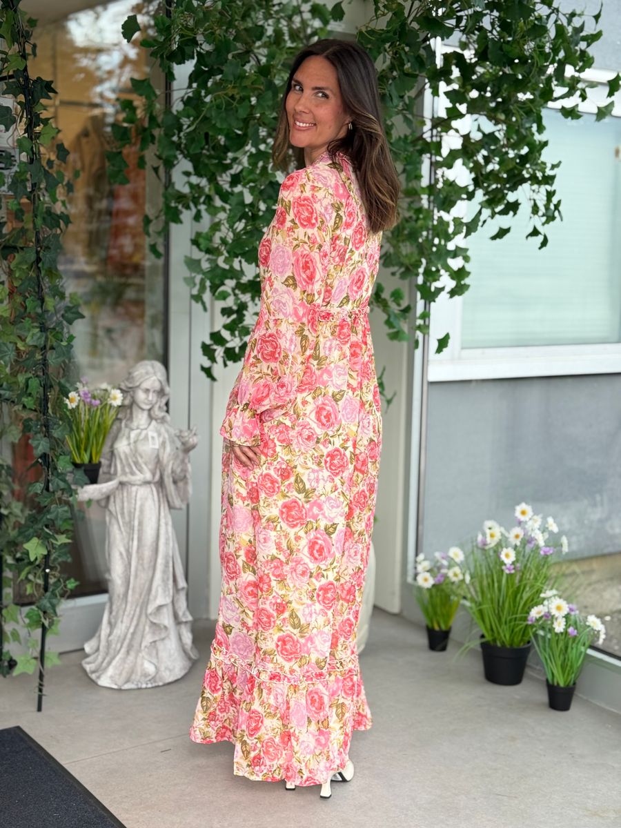 EMSA LANG KJOLE FLOWERS - ROSA/CREAM