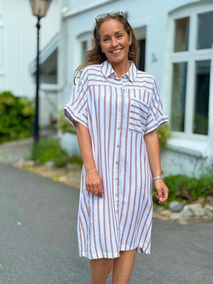 LAVISCO LIN/VISCOSE SKJORTEKJOLE - HVIT / DUSTY COGNAC