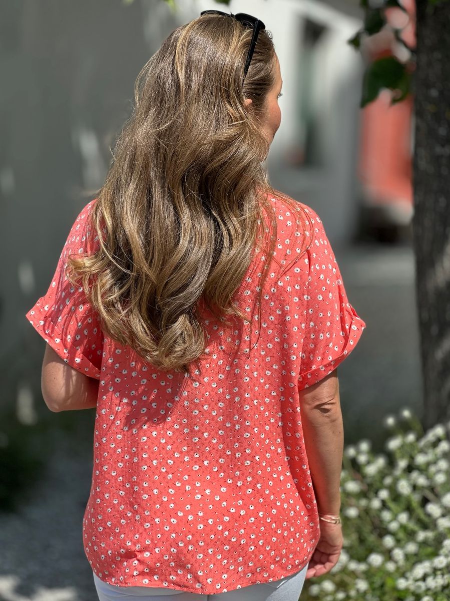 ADNEY BLUSE M/KORT ERM - CORAL/OFFWHITE