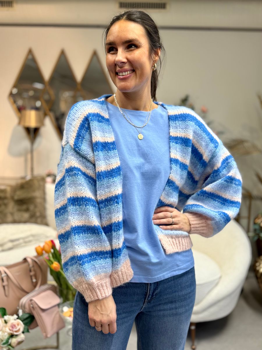 MAYBE STRIKKET CARDIGAN M/STRIPER - LYSBLÅ/CREAM