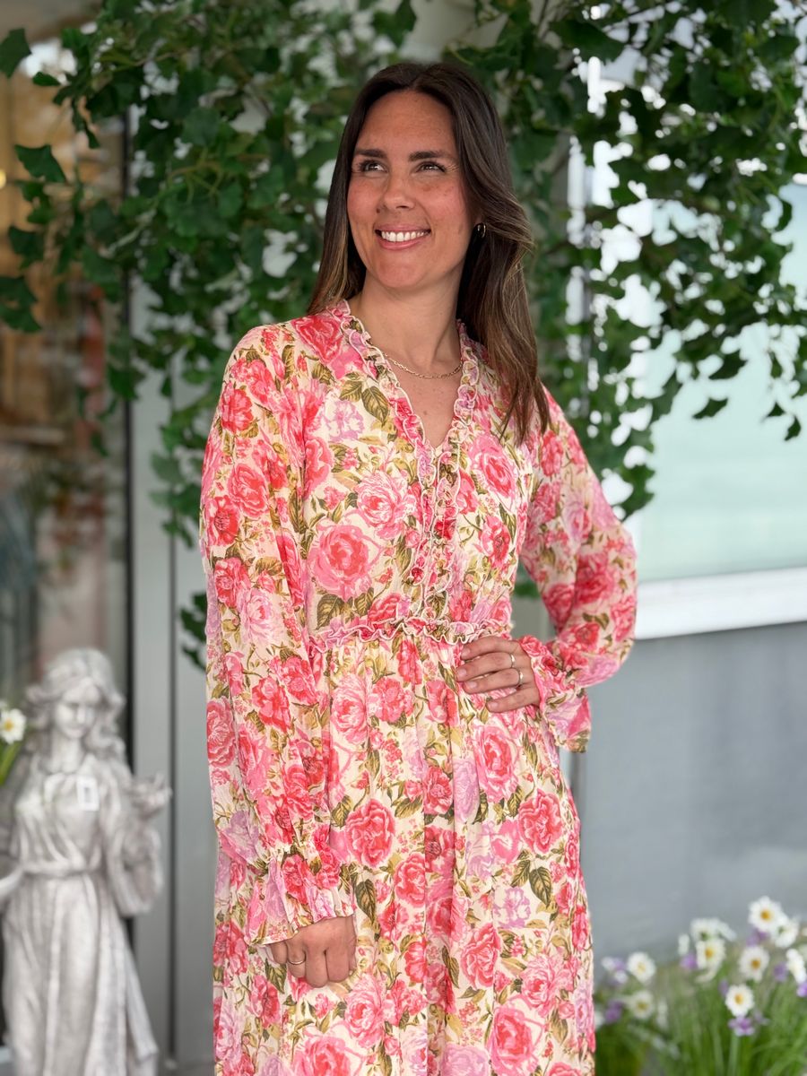 EMSA LANG KJOLE FLOWERS - ROSA/CREAM