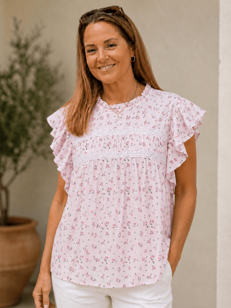 TRINE TOPP M/BLOMSTER - LYS ROSA