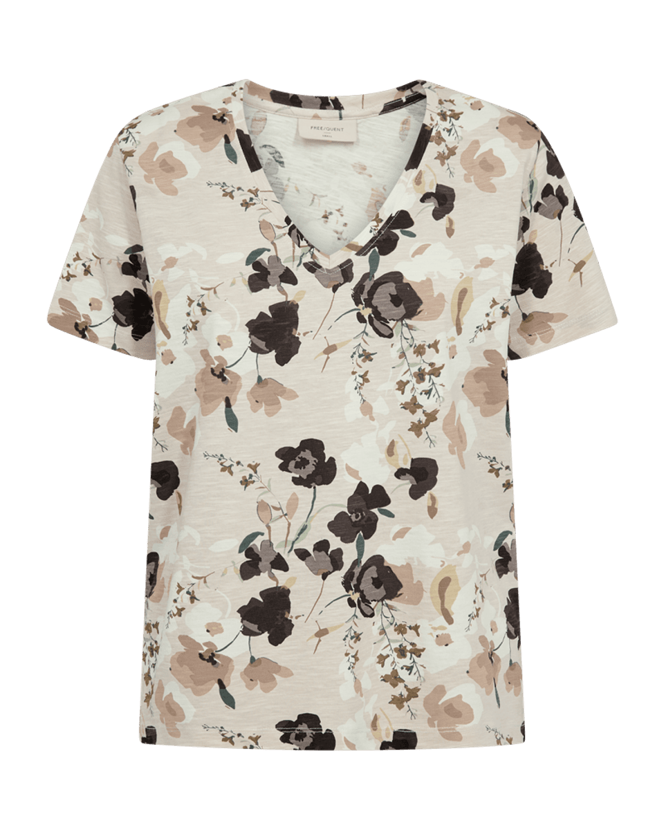 VIVA TOPP V-HALS FLOWER - CREAM/BRUN