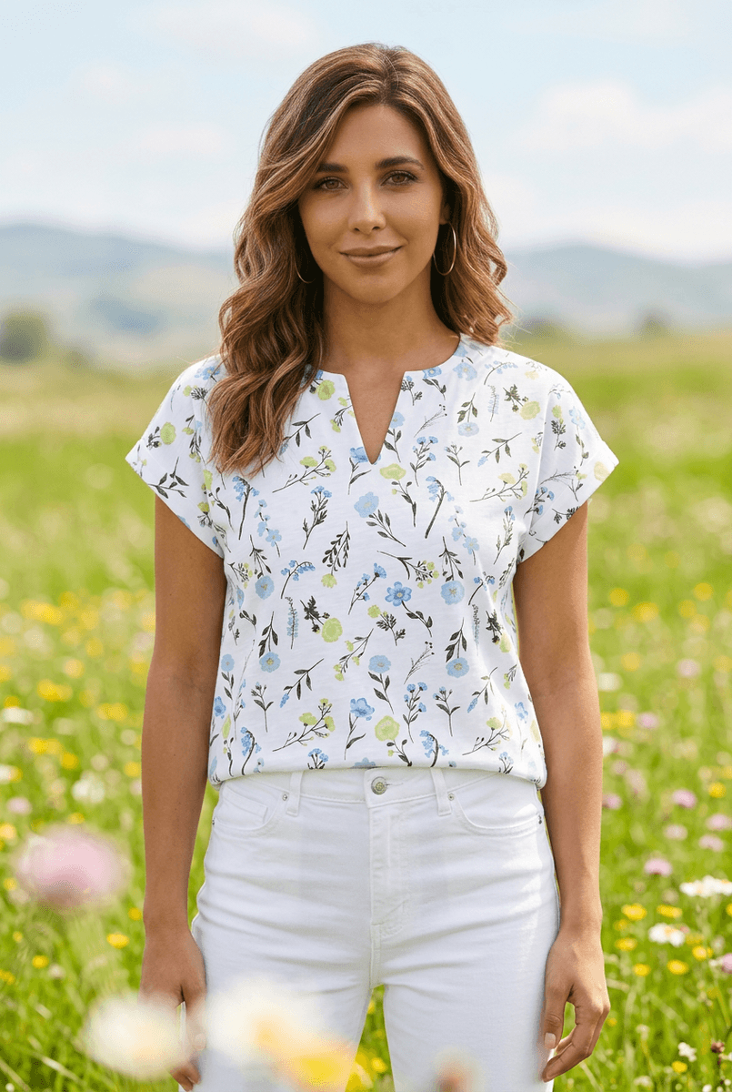 VIVA TOPP FLOWER - OFFWHITE/GRØNN/BLÅ