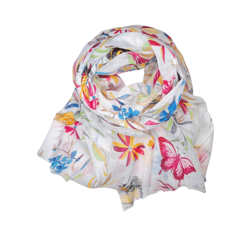 SKJERF LIN/VISCOSE SOMMERFUGL - HVIT / ROSA / GUL / BLÅ