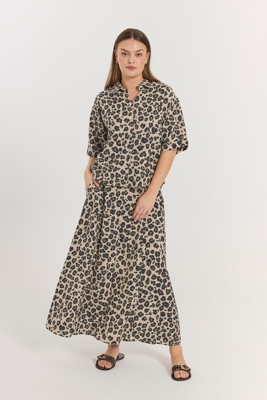 LAVISCO LIN/VISCOSE SKJØRT - LEOPARD